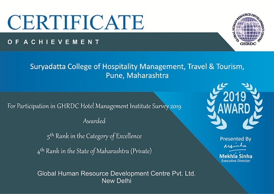 certificate of best hotel management in pune