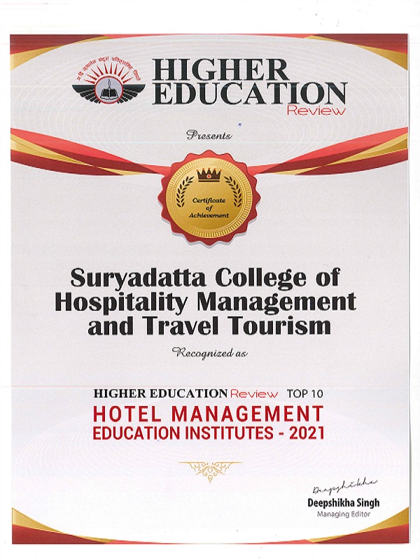 Certificate of best hotel management institute in pune