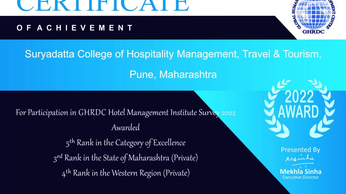 GHRDC Certificate scaled at hotel management College in Pune