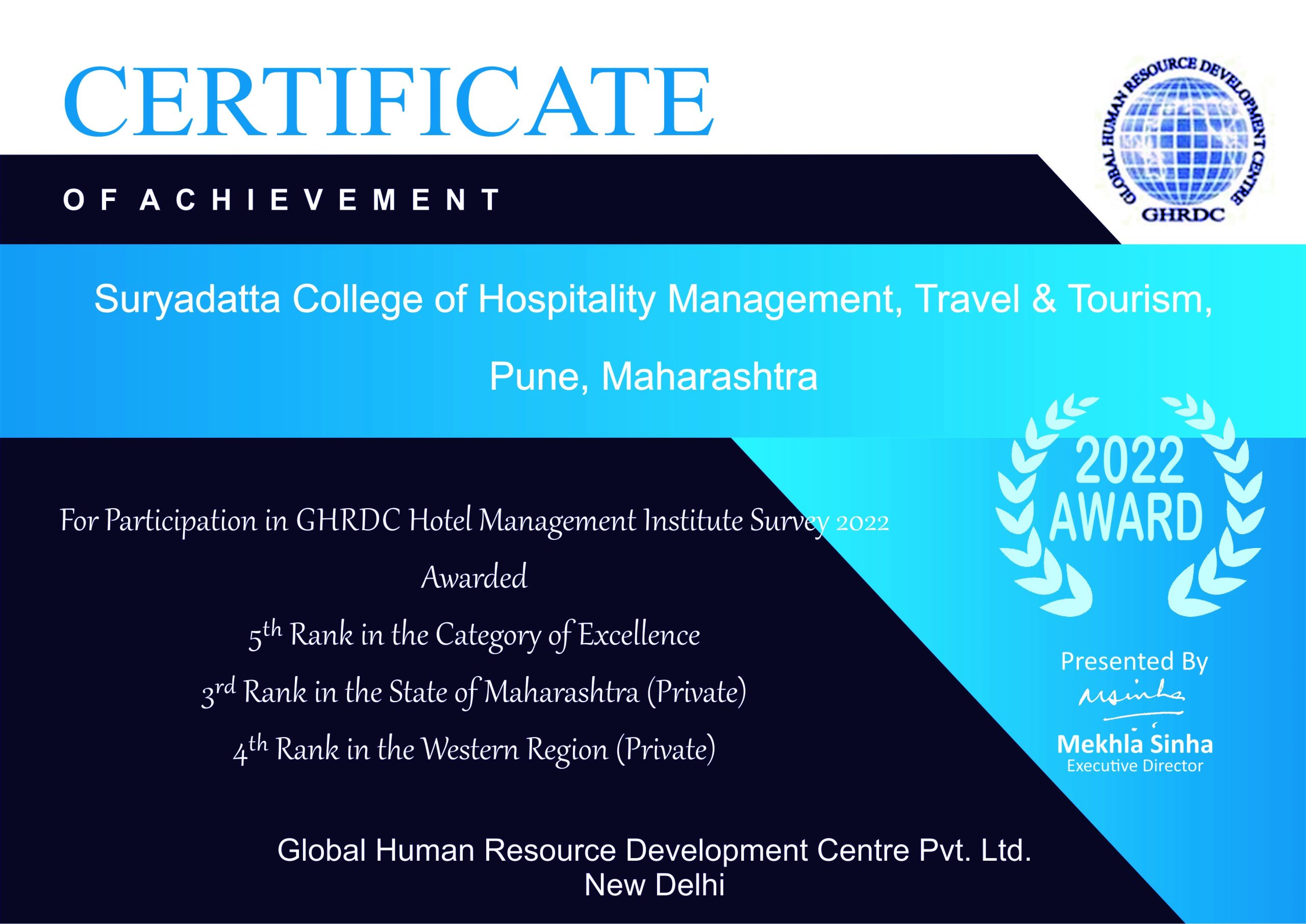 GHRDC Certificate scaled at hotel management College in Pune